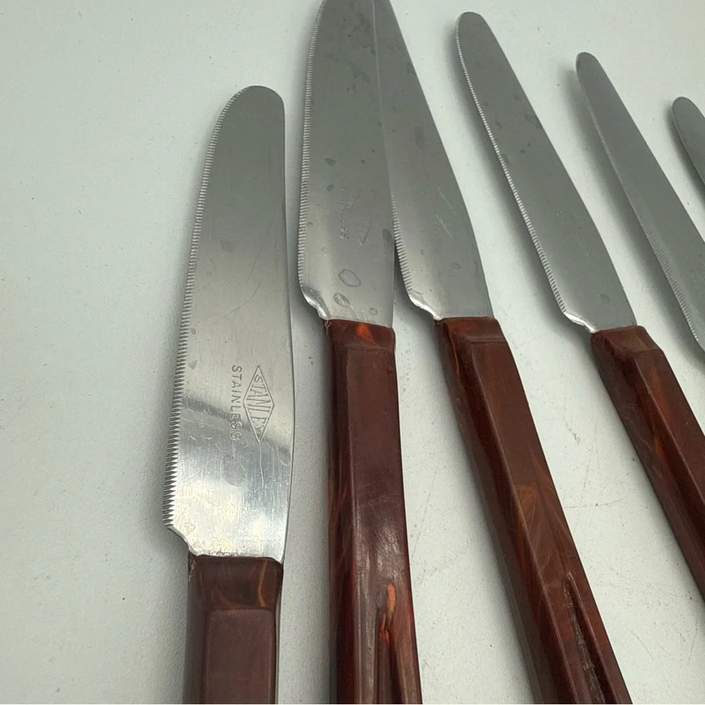 6 VTG Stanley  Deluxe Stanhome Steak Knives  Catalina Lucite Cut Out Handle MCM